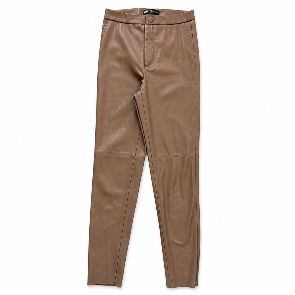 Zara Womens Tan Faux Leather High Rise Slim Leg Ankle Zip Pants Brown Size S